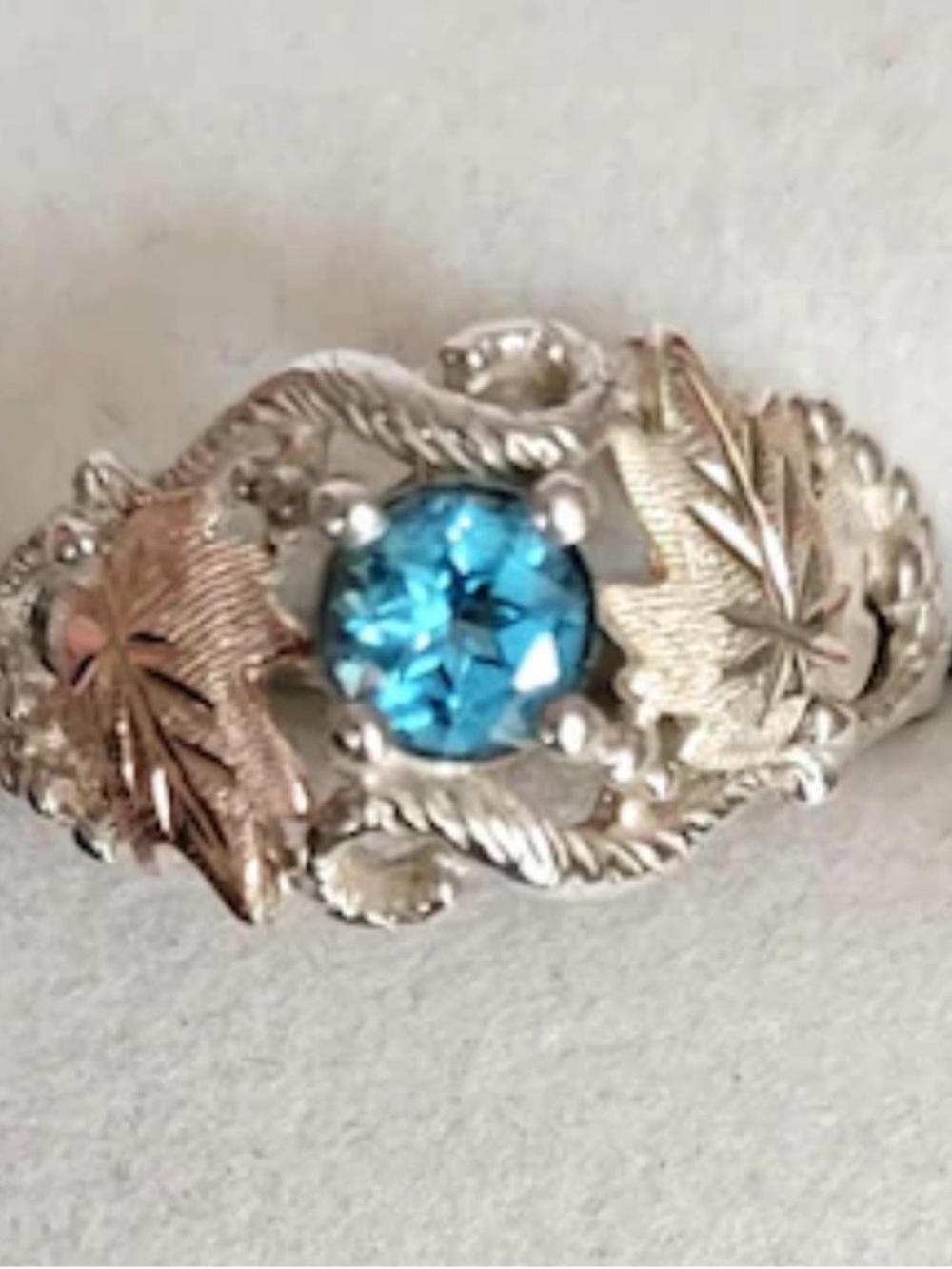 Black Hills Silver/Gold Leaf Filigree Ring with Blue Topaz color Stone